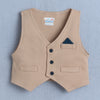 BUMZEE Beige & White Boys Full Sleeves Shirt Waistcoat & Short Set With Applique Bow