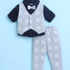BUMZEE Navy & Grey Boys Full Sleeves Shirt Waistcoat & Pant Set With Applique Bow