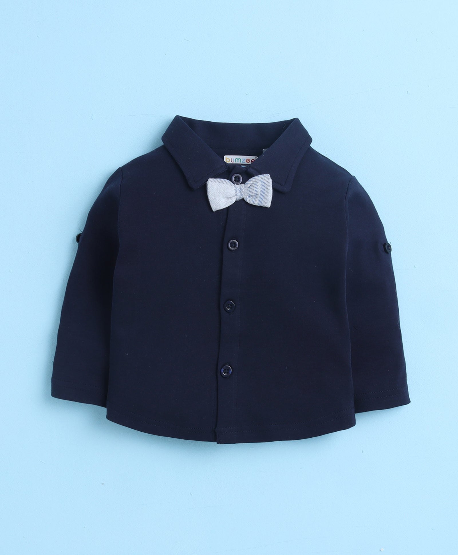 BUMZEE Navy & Grey Boys Full Sleeves Shirt Waistcoat & Pant Set With Applique Bow