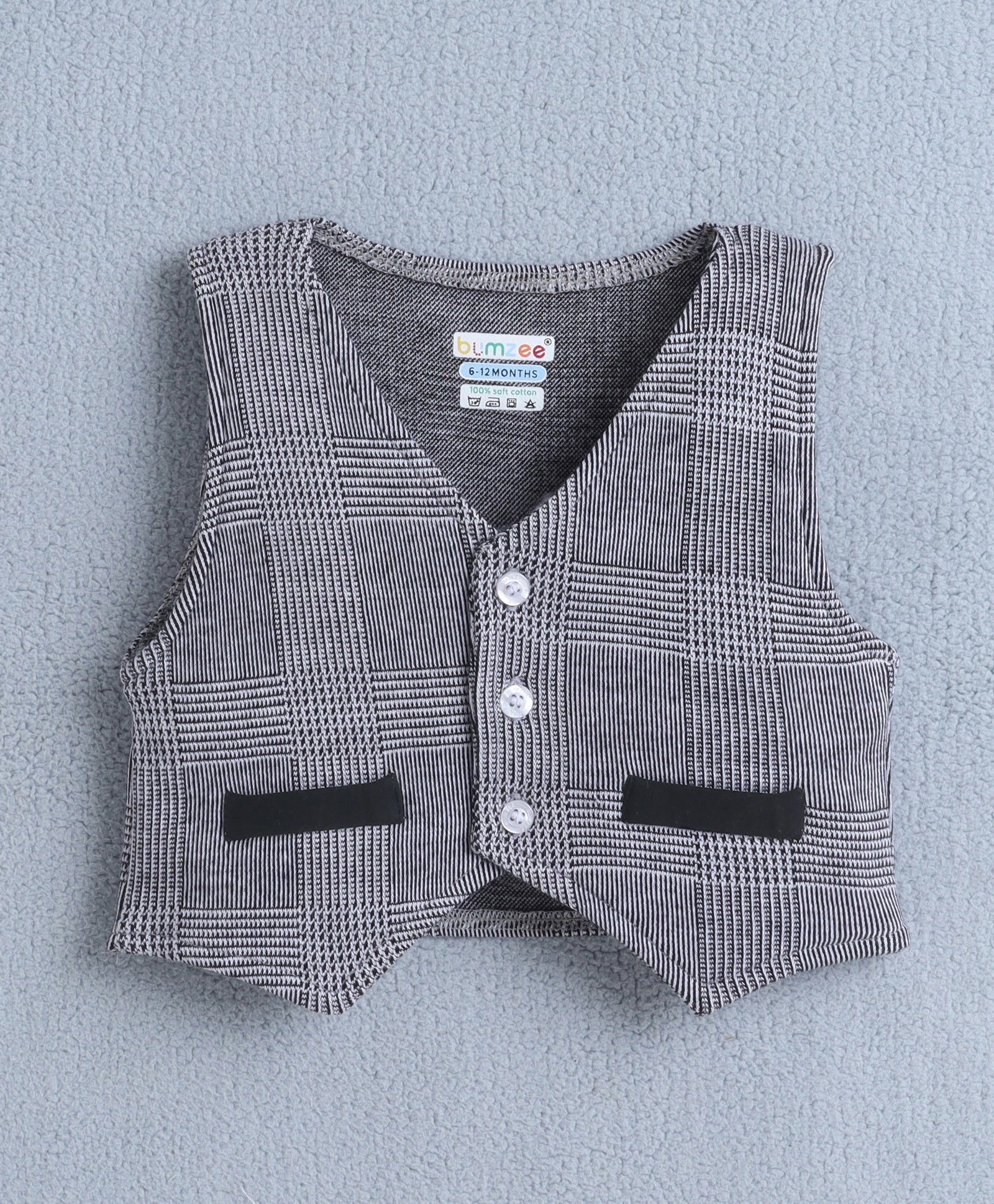 BUMZEE White & Black Boys Full Sleeves Shirt Waistcoat & Pant Set With Applique Bow