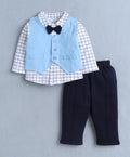 Bumzee White & Navy Checked Formal Set, Full Sleeves, 100% Cotton, with Waistcoat (Style Peb11120)