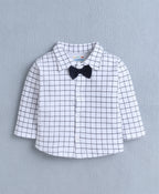 Bumzee White & Navy Checked Formal Set, Full Sleeves, 100% Cotton, with Waistcoat (Style Peb11120)