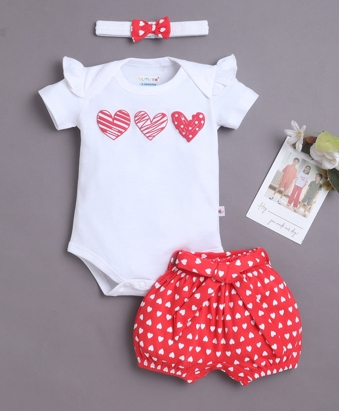 White & Red Girls Half Sleeves Bodysuit & Short Set With Headband