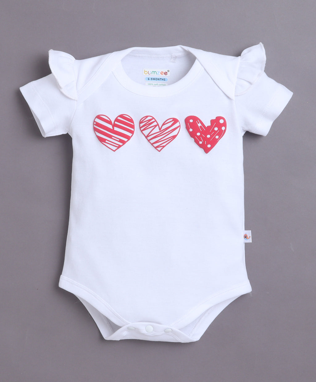 Bumzee White & Red Graphic Print Bodysuit & Short Set, Half Sleeves, 100% Cotton