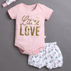 Pink & White Girls Half Sleeves Bodysuit & Short Set With Headband