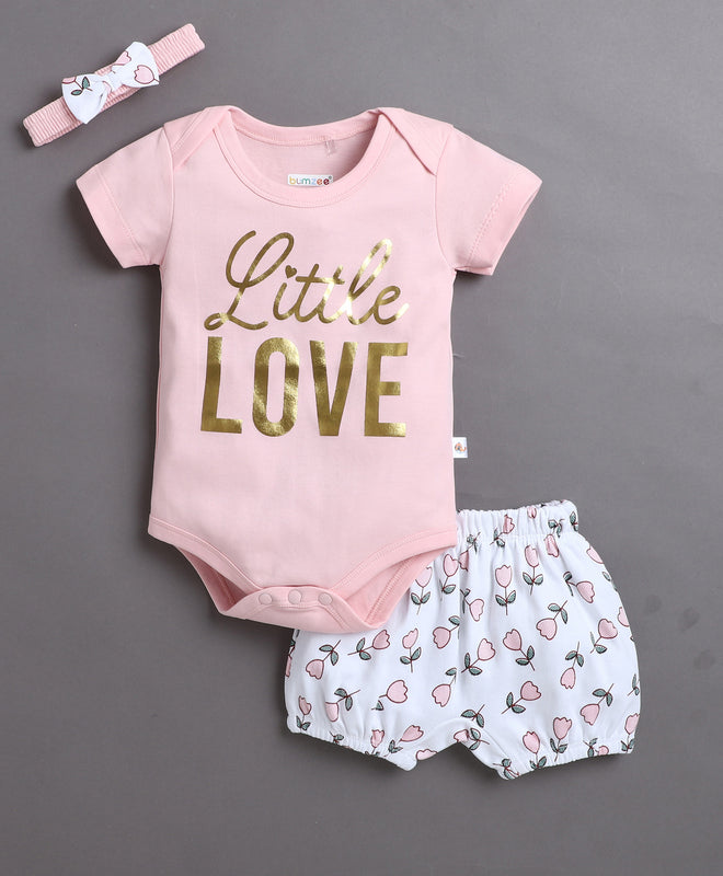 Pink & White Girls Half Sleeves Bodysuit & Short Set With Headband