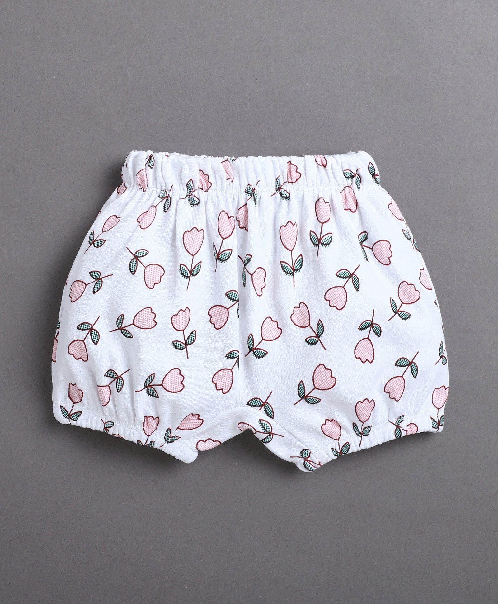 Pink & White Girls Half Sleeves Bodysuit & Short Set With Headband