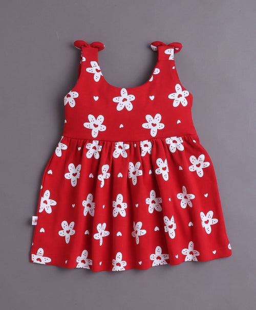 Girls 100% Cotton Flowers Print Frocks - Red