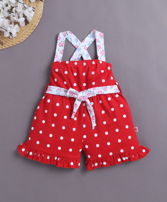 Red Girls Sleeveless Cotton Jumpsuit With Belt