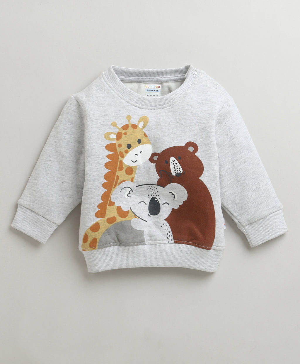 Bumzee Grey Melange Animal Print Sweatshirt, Full Sleeves