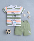 Bumzee White & Green Graphic Print T-Shirt & Short Set, Half Sleeves, 100% Cotton