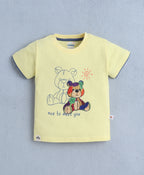 Bumzee Yellow & Blue Animal Print T-Shirt & Short Set, Half Sleeves, 100% Cotton (Style Peb11136)