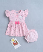 Bumzee Pink Floral Print Frock, Cap Sleeves, 100% Cotton, with Panty