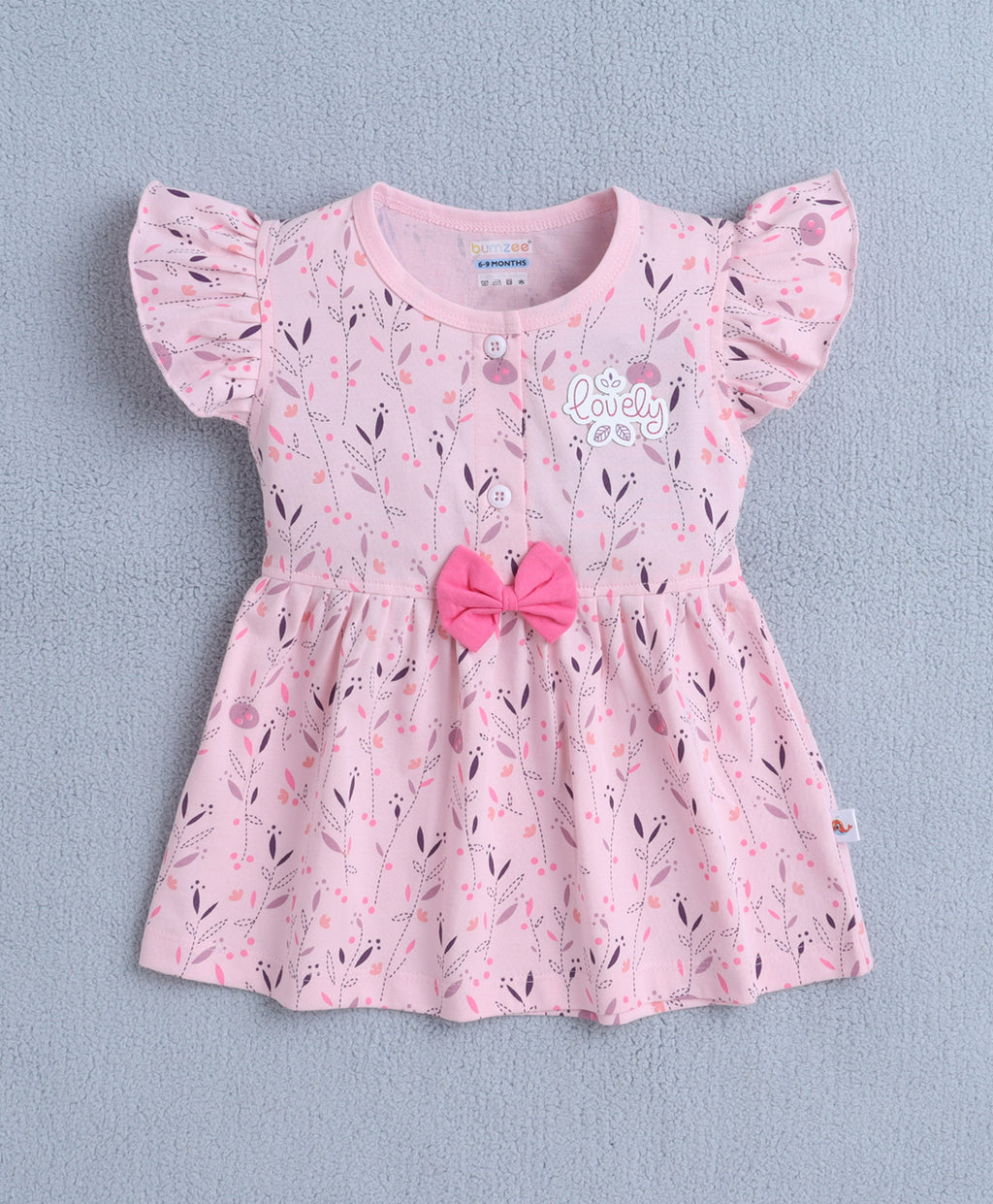 Bumzee Pink Floral Print Frock, Cap Sleeves, 100% Cotton, with Panty