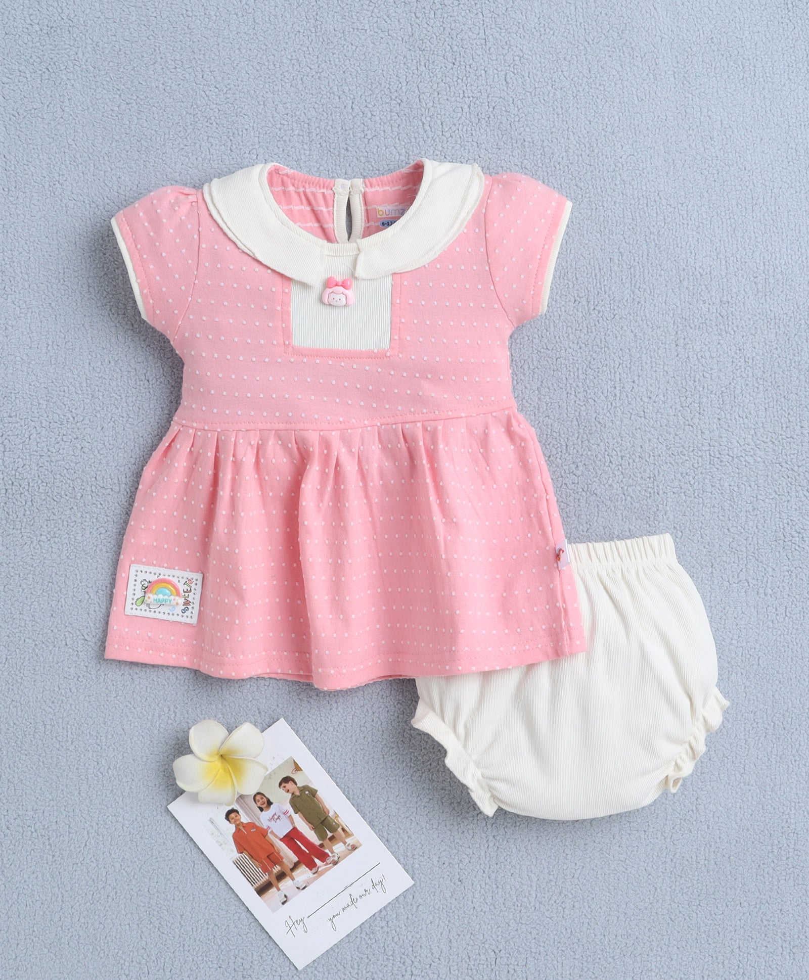 Pink & Cream Girls Cap Sleeves Frock With Panty