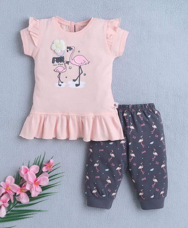 Peach & Navy Girls Cap Sleeves T-Shirt & Capri Set