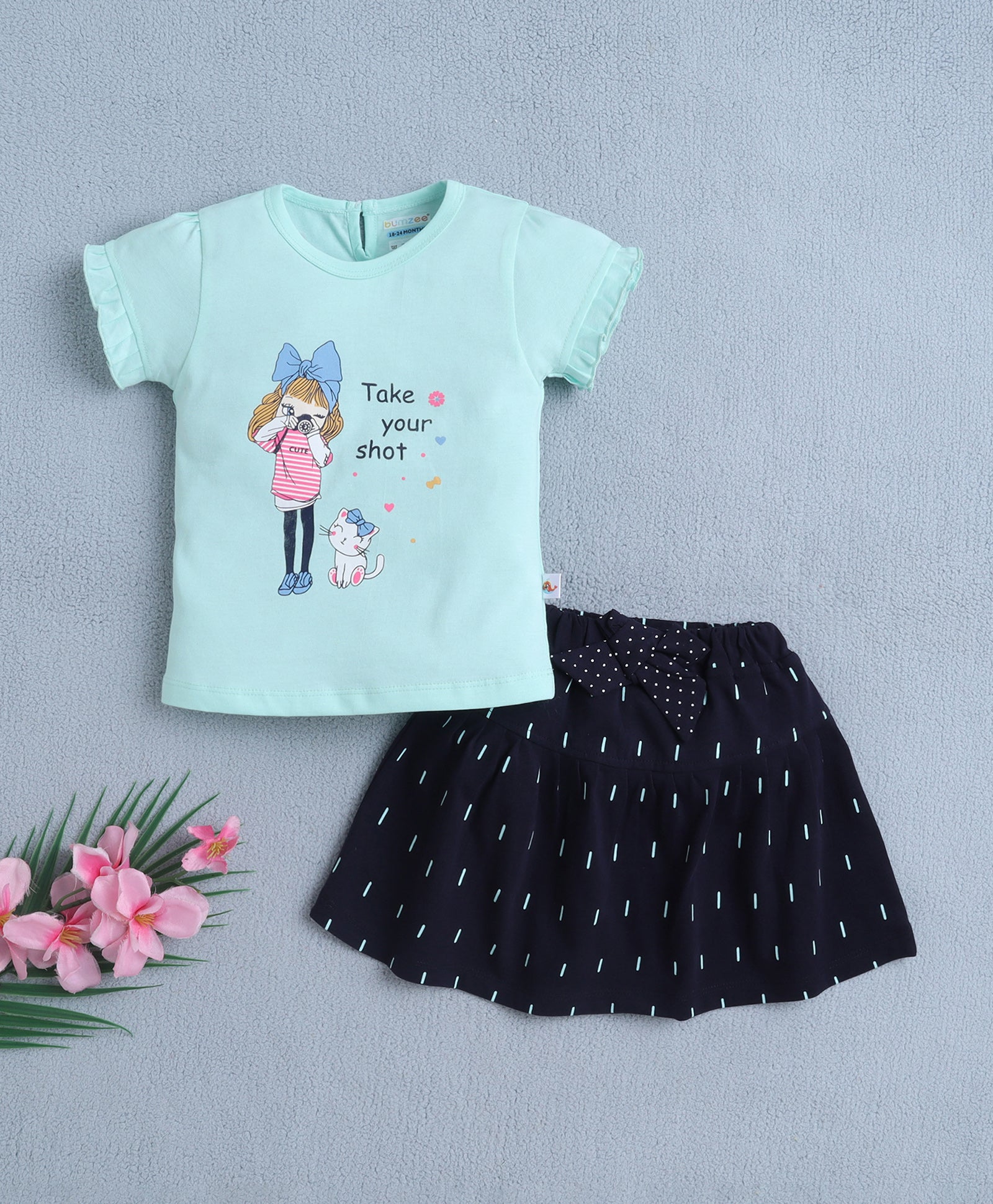 BUMZEE Mint & Navy Girls Cap Sleeves Top & Skirt Set