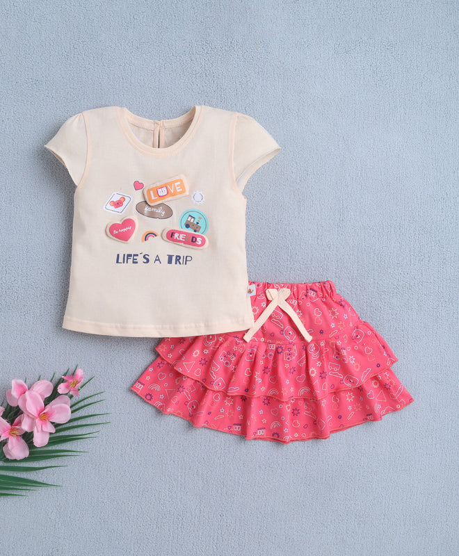 BUMZEE Peach & Coral Girls Cap Sleeves Top & Skirt Set