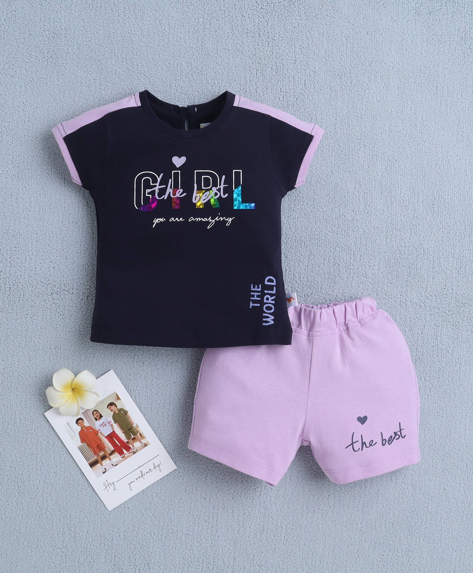 BUMZEE Navy & Lavender Girls Cap Sleeves T-shirt & Short Set