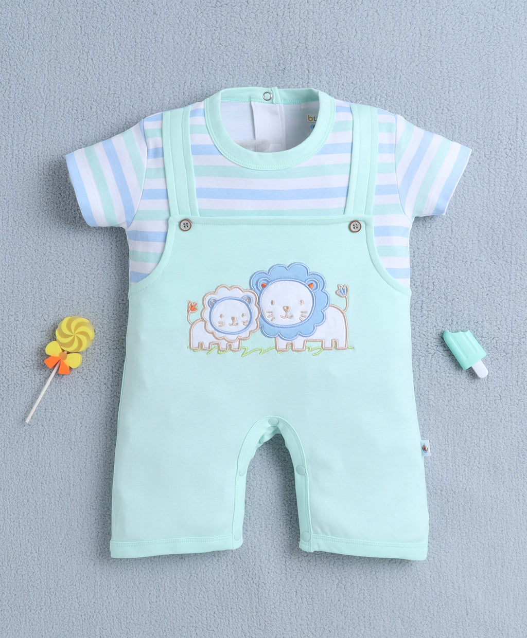 Bumzee Mint Green Embroidered Romper, Half Sleeves, 100% Cotton