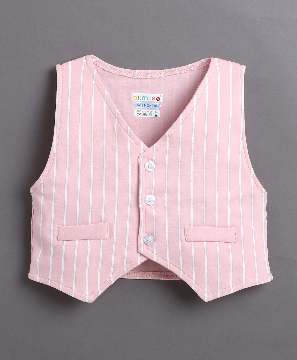 Bumzee White & Pink Striped Formal Set, Full Sleeves, 100% Cotton