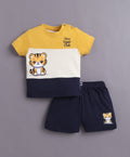 Bumzee Navy & Mustard Cut & Sew T-Shirt & Short Set, Half Sleeves, 100% Cotton