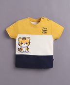 Bumzee Navy & Mustard Cut & Sew T-Shirt & Short Set, Half Sleeves, 100% Cotton