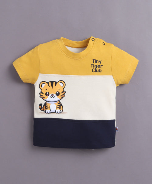 Navy & Mustard Cut & Sew T-Shirt & Short Set, Half Sleeves