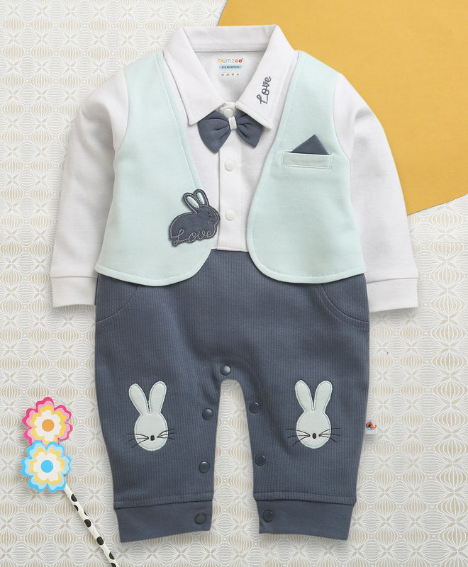 Blue & Sky Blue Boys Full Sleeves Fancy Party Wear Sleepsuit With Attached Bow