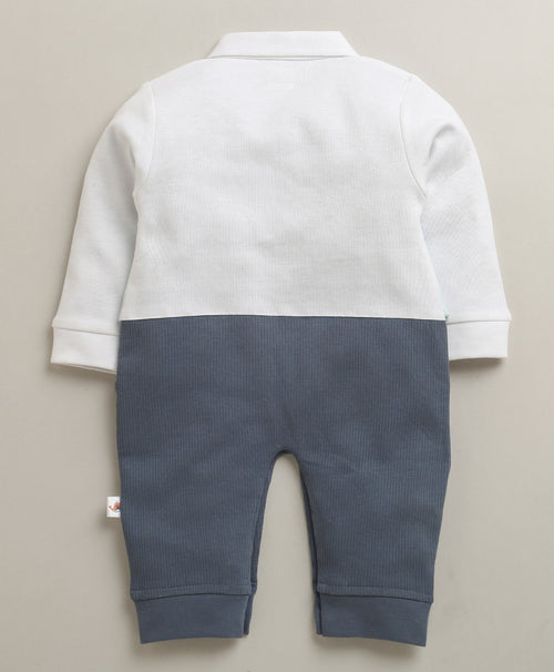 Blue & Sky Blue Boys Full Sleeves Fancy Party Wear Sleepsuit With Attached Bow