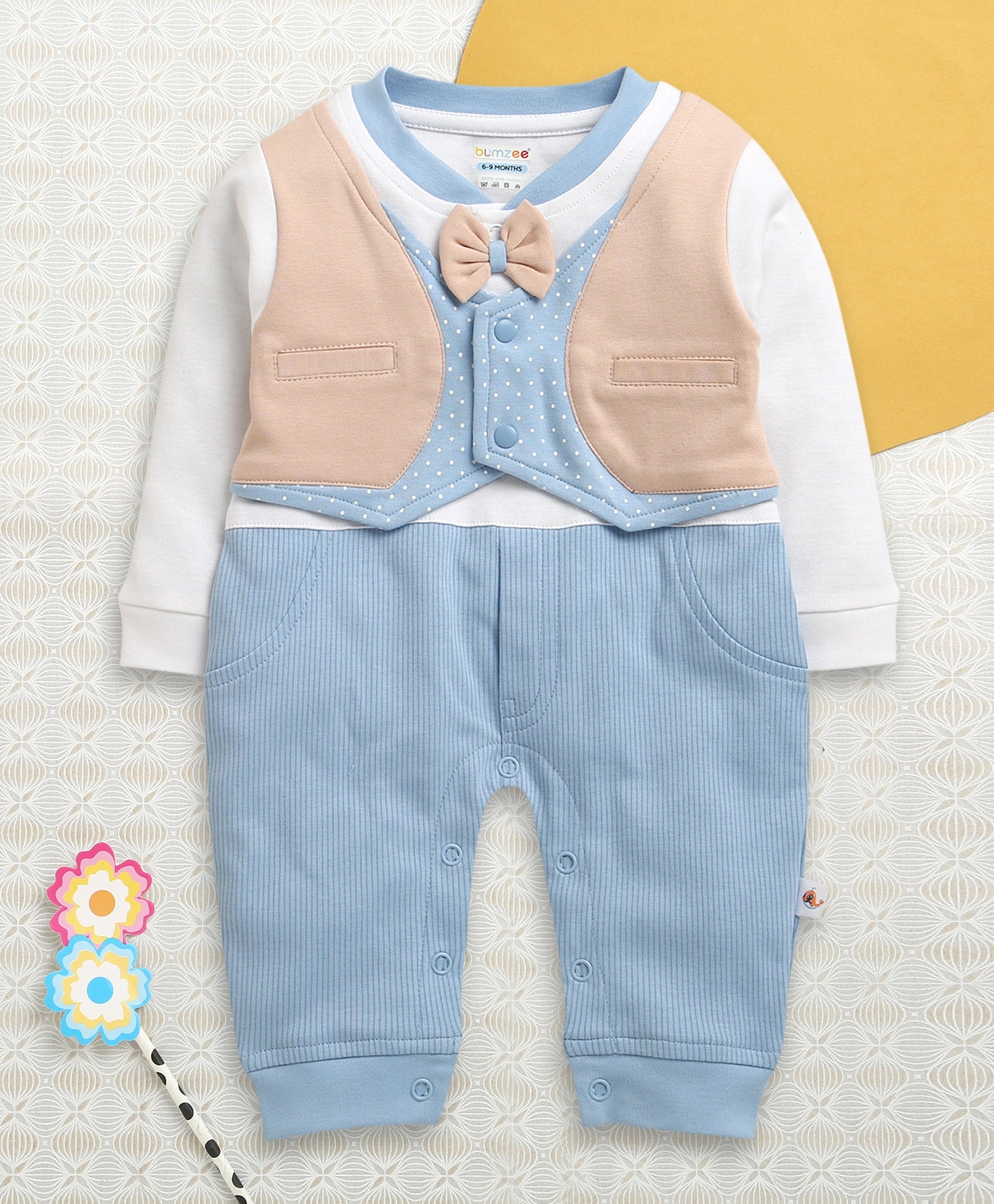 Blue & Peach Boys Full Sleeves Fancy Party Wear Sleepsuit With Attached Bow