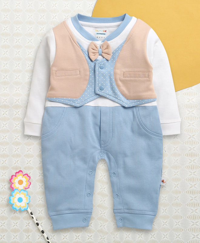 Blue & Peach Boys Full Sleeves Fancy Party Wear Sleepsuit With Attached Bow