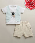 Bumzee White & Beige Jacket Set, Half Sleeves, 100% Cotton (Style Peb11171)