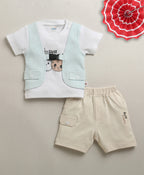 Bumzee White & Beige Jacket Set, Half Sleeves, 100% Cotton (Style Peb11171)
