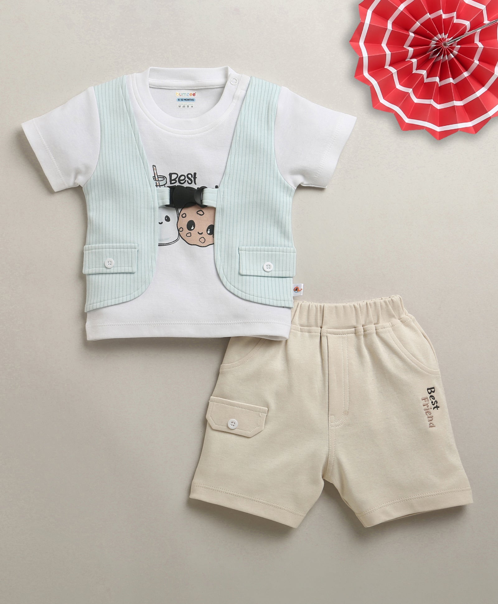 White & Beige Boys Half Sleeves T-shirt & Short Set Attached Jacket