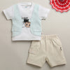 White & Beige Boys Half Sleeves T-shirt & Short Set Attached Jacket