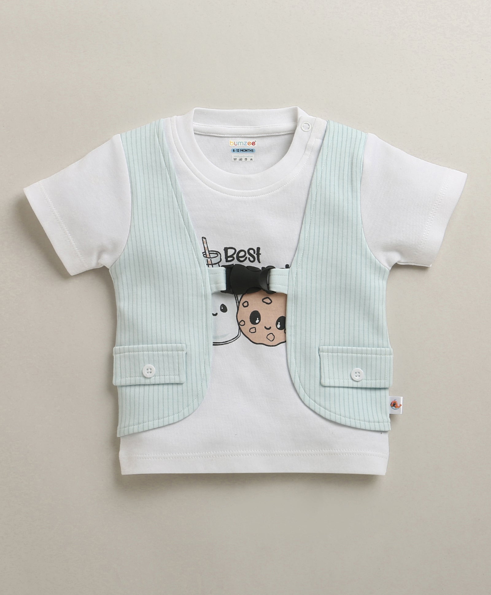 White & Beige Boys Half Sleeves T-shirt & Short Set Attached Jacket