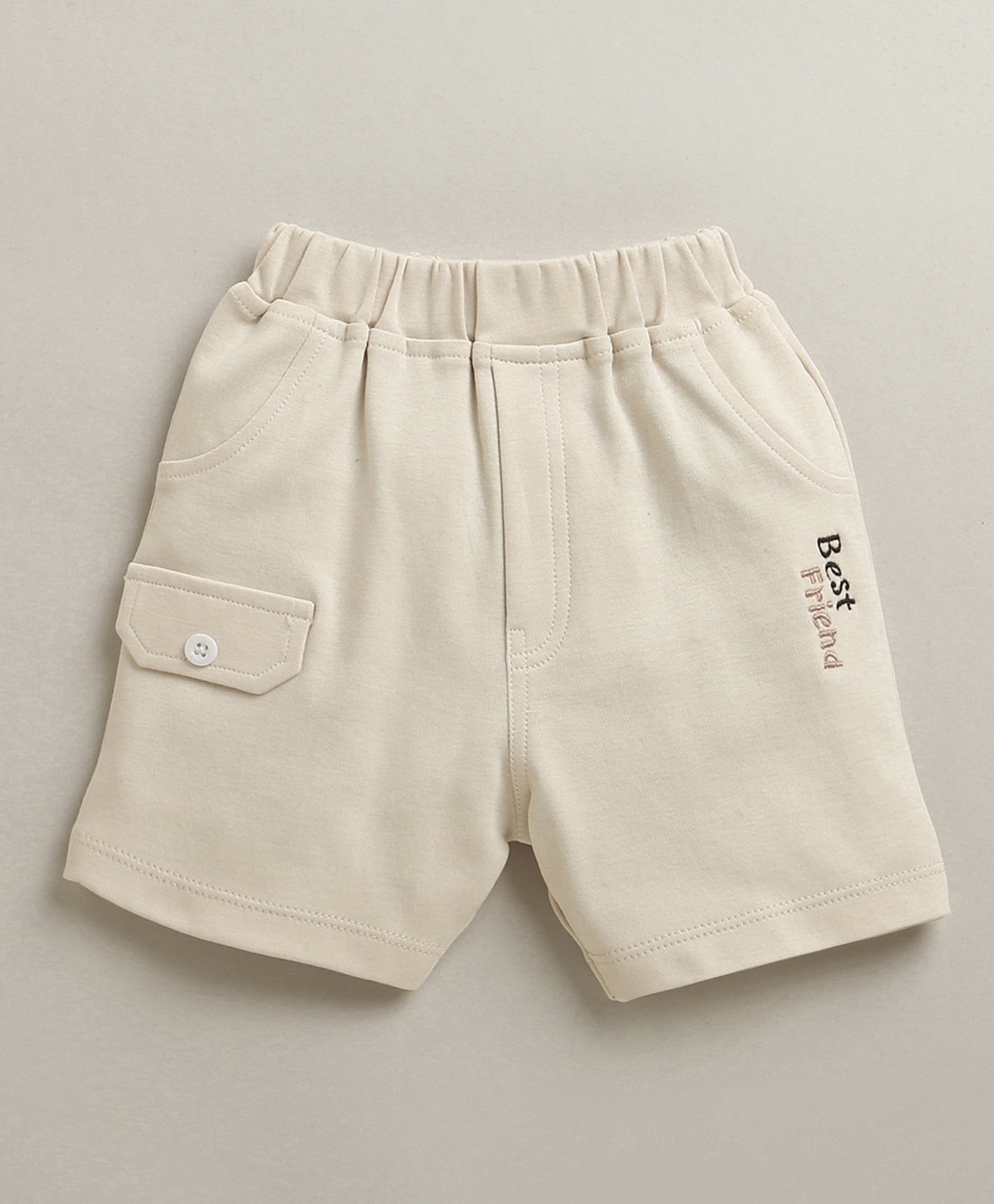 White & Beige Boys Half Sleeves T-shirt & Short Set Attached Jacket