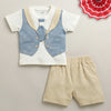 White & Beige Boys Half Sleeves T-shirt & Short Set Attached Jacket & Tie
