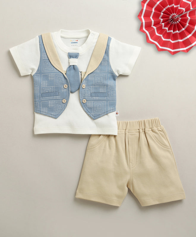 White & Beige Boys Half Sleeves T-shirt & Short Set Attached Jacket & Tie