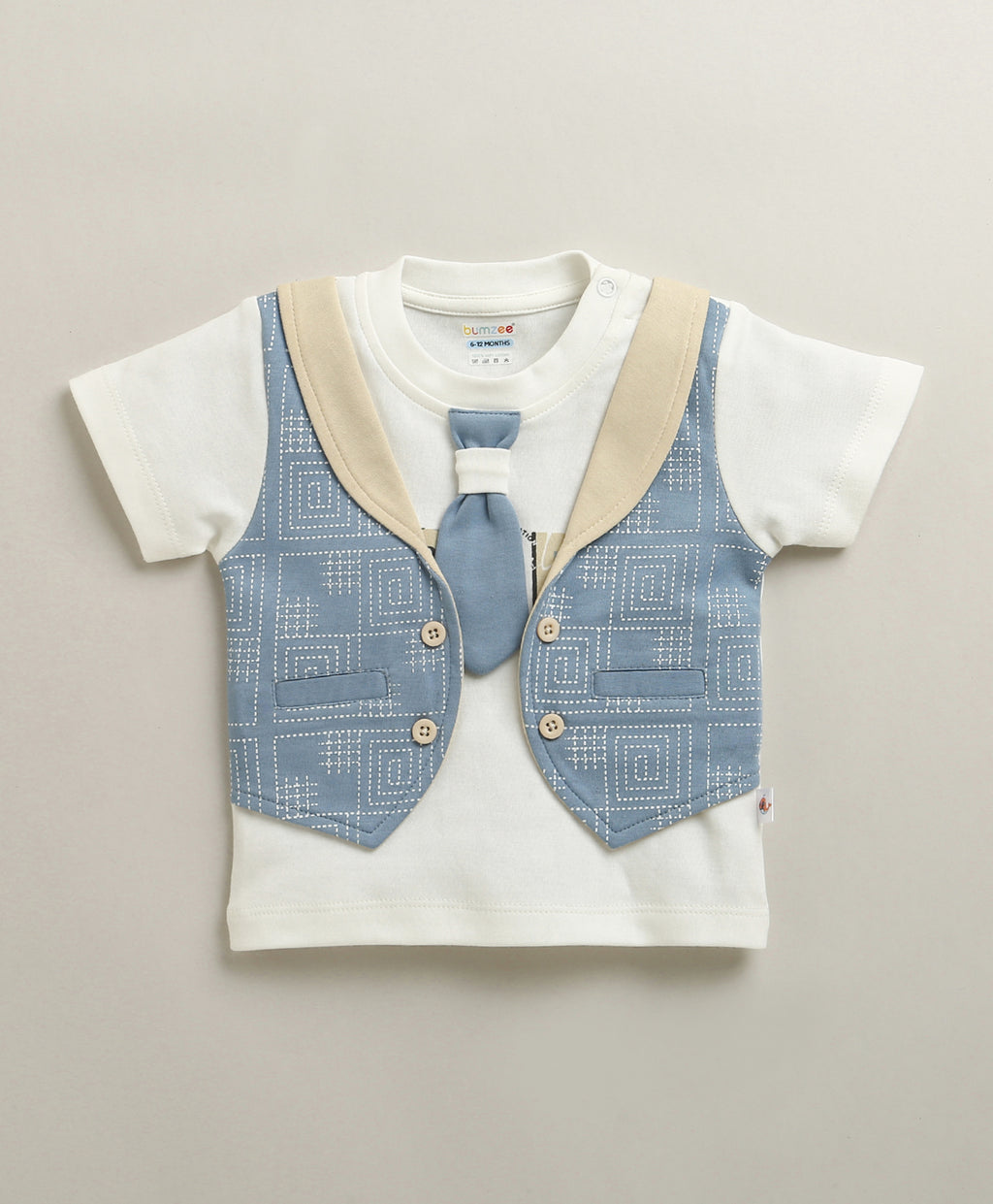 Bumzee White & Beige Jacket Set, Half Sleeves, 100% Cotton (Style Peb11172)