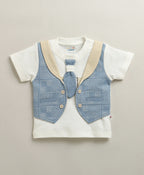 Bumzee White & Beige Jacket Set, Half Sleeves, 100% Cotton (Style Peb11172)