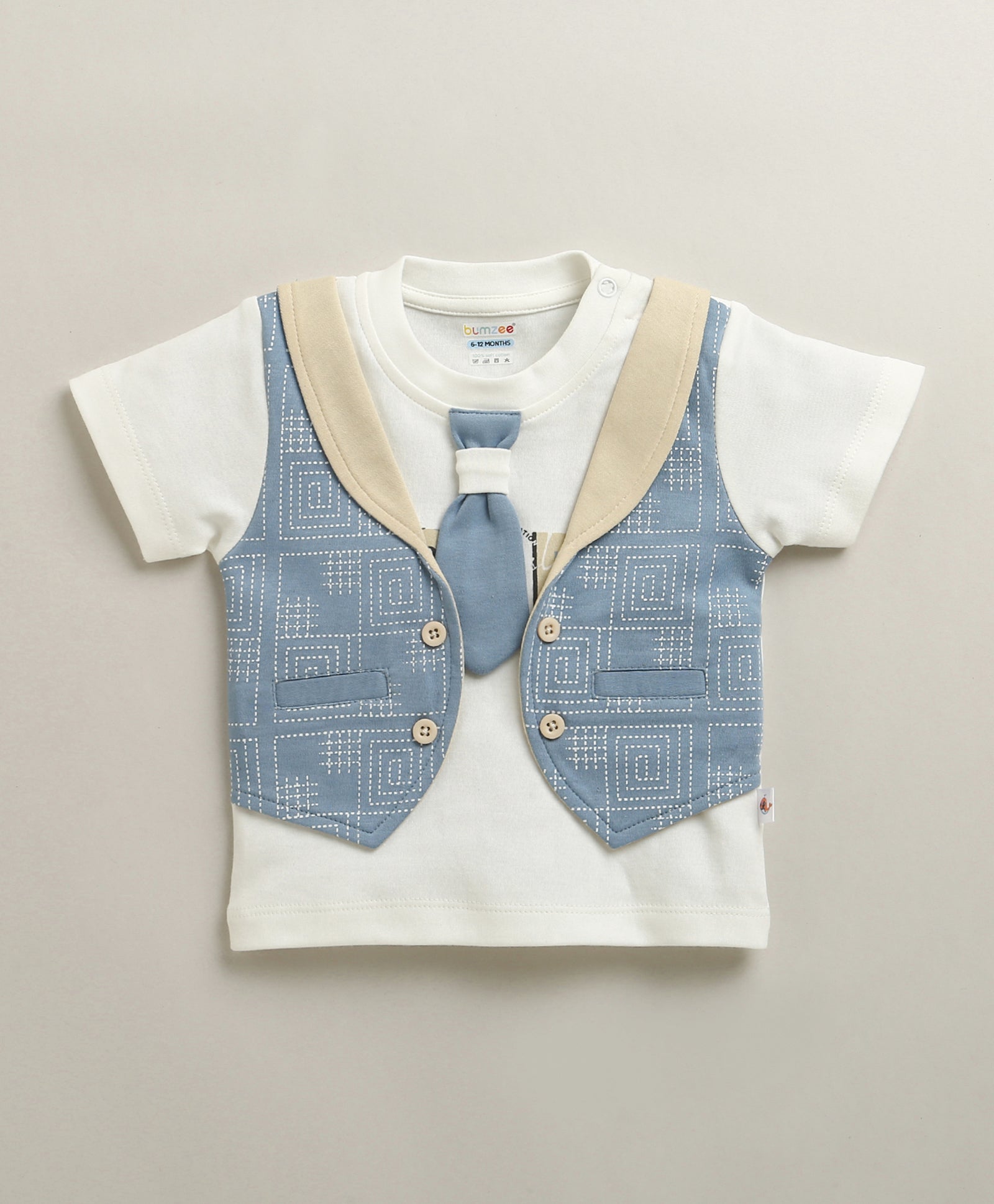 White & Beige Boys Half Sleeves T-shirt & Short Set Attached Jacket & Tie