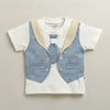 White & Beige Boys Half Sleeves T-shirt & Short Set Attached Jacket & Tie