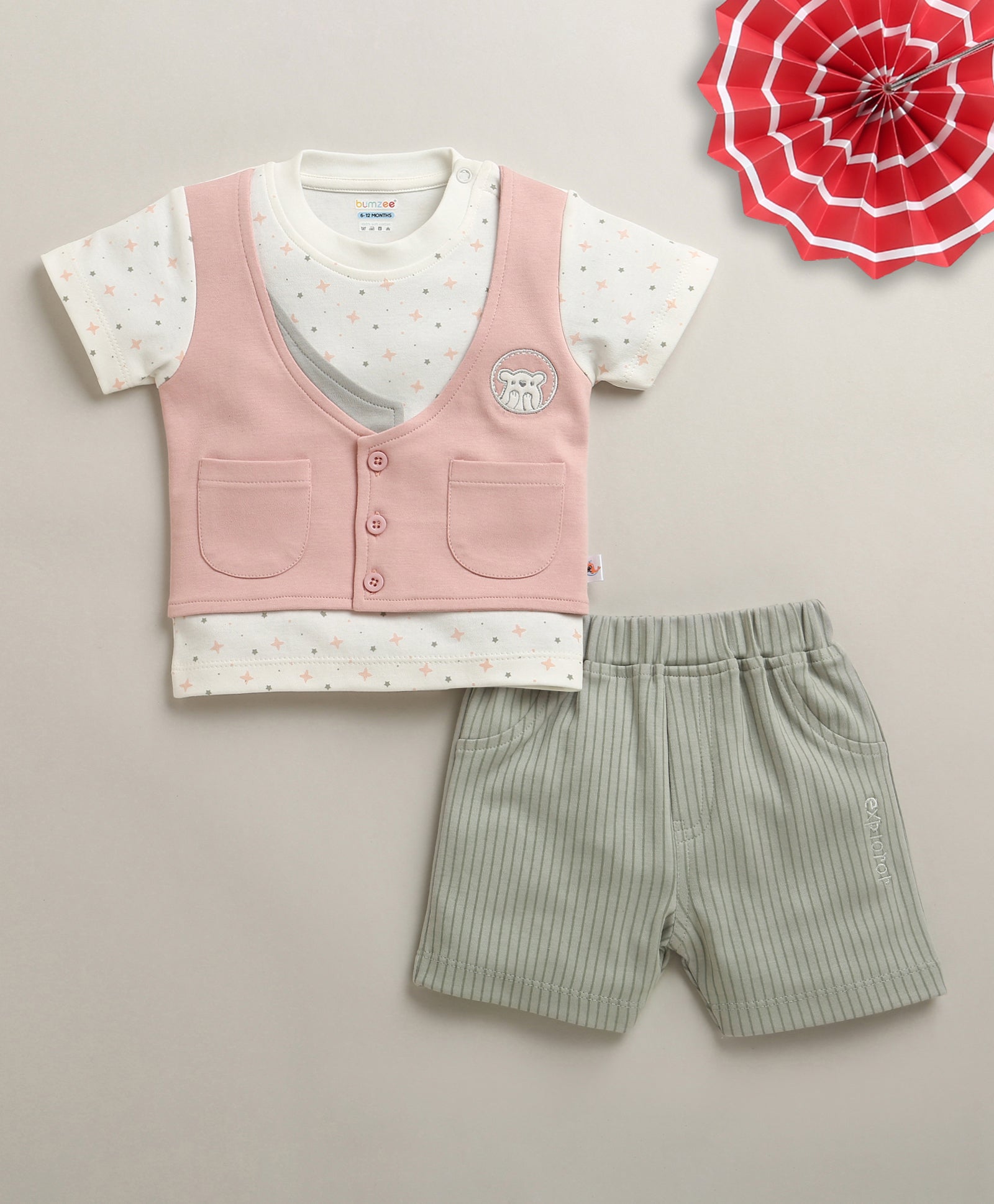 White & Grey Boys Half Sleeves T-shirt & Short Set Attached Jacket