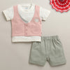 White & Grey Boys Half Sleeves T-shirt & Short Set Attached Jacket