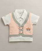 White & Grey Embroidered Jacket Set, Half Sleeves