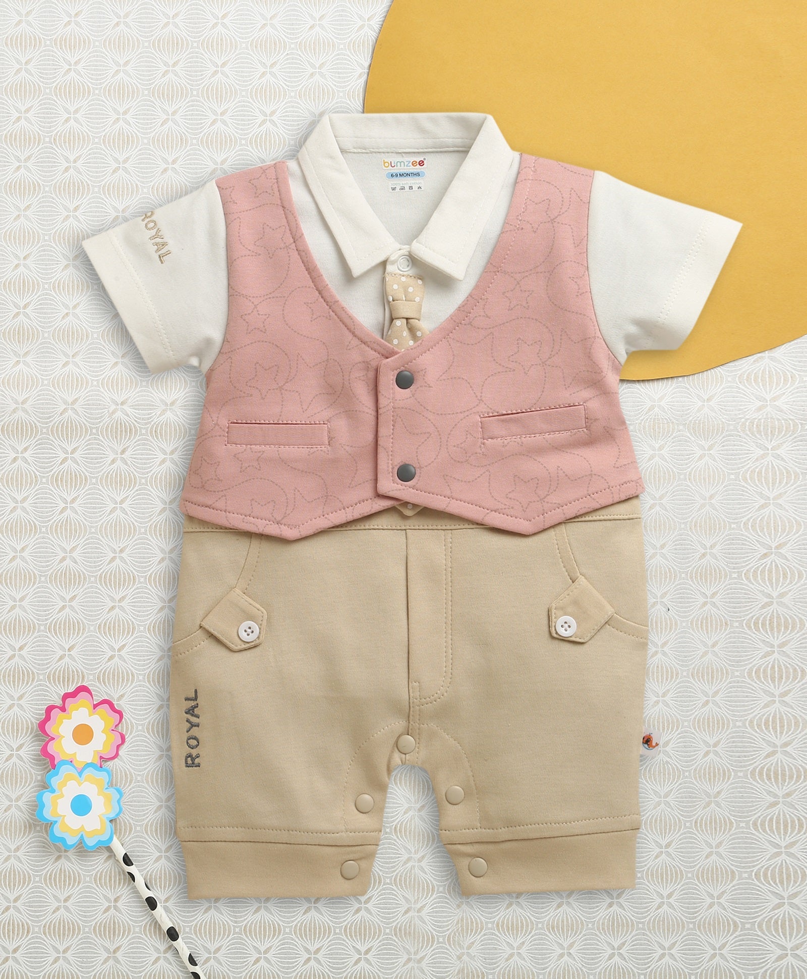 Beige & Pink Boys Half Sleeves Party Wear Romper With Attached Tie
