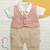Beige & Pink Boys Half Sleeves Party Wear Romper With Attached Tie