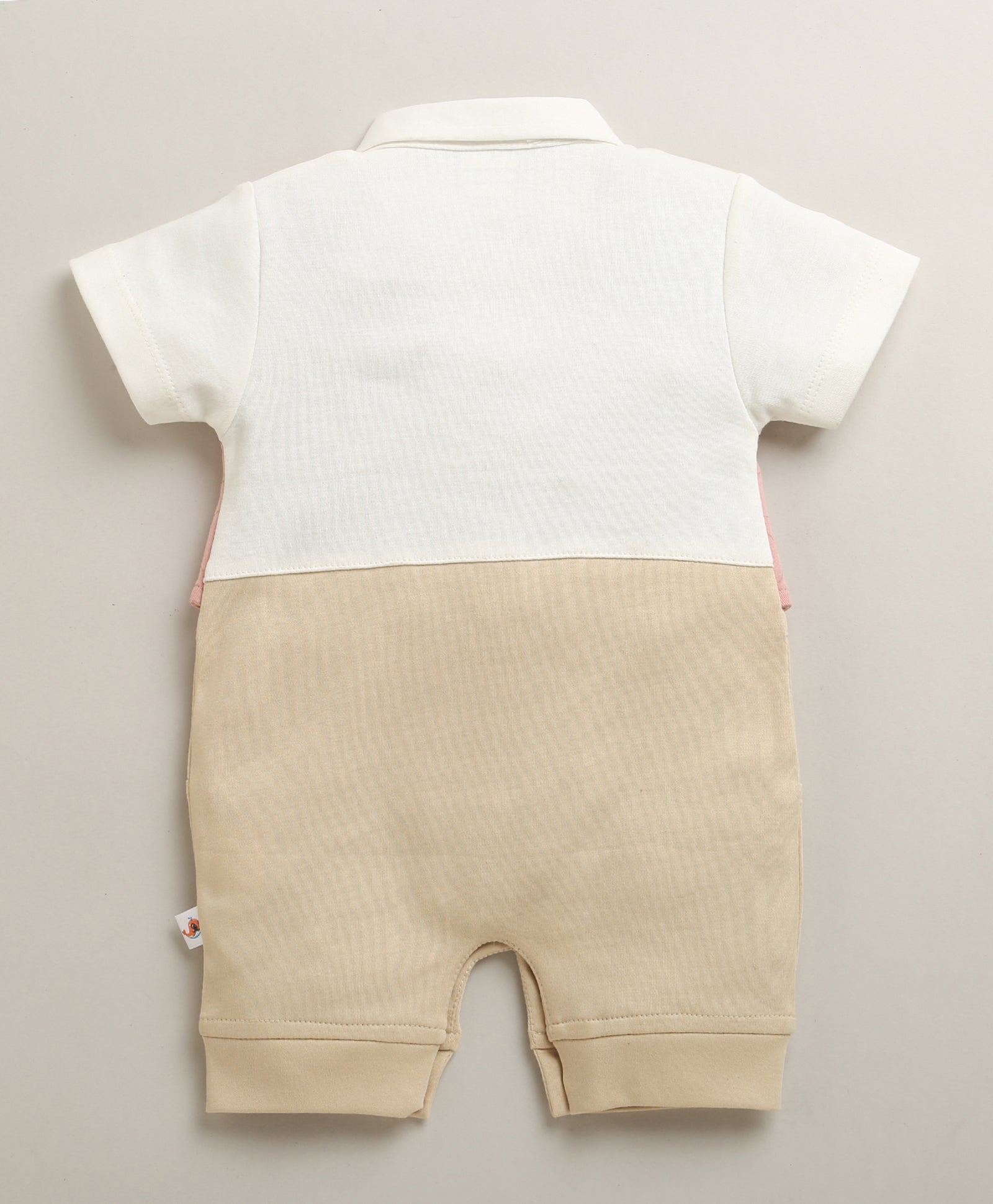 Beige & Pink Boys Half Sleeves Party Wear Romper With Attached Tie